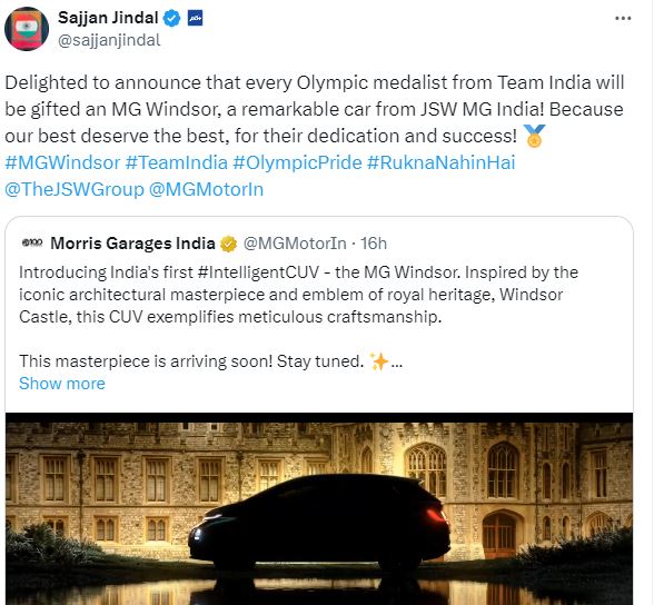 JSW Chairman Sajjan Jindal-MG car-Indian Olympic medalist