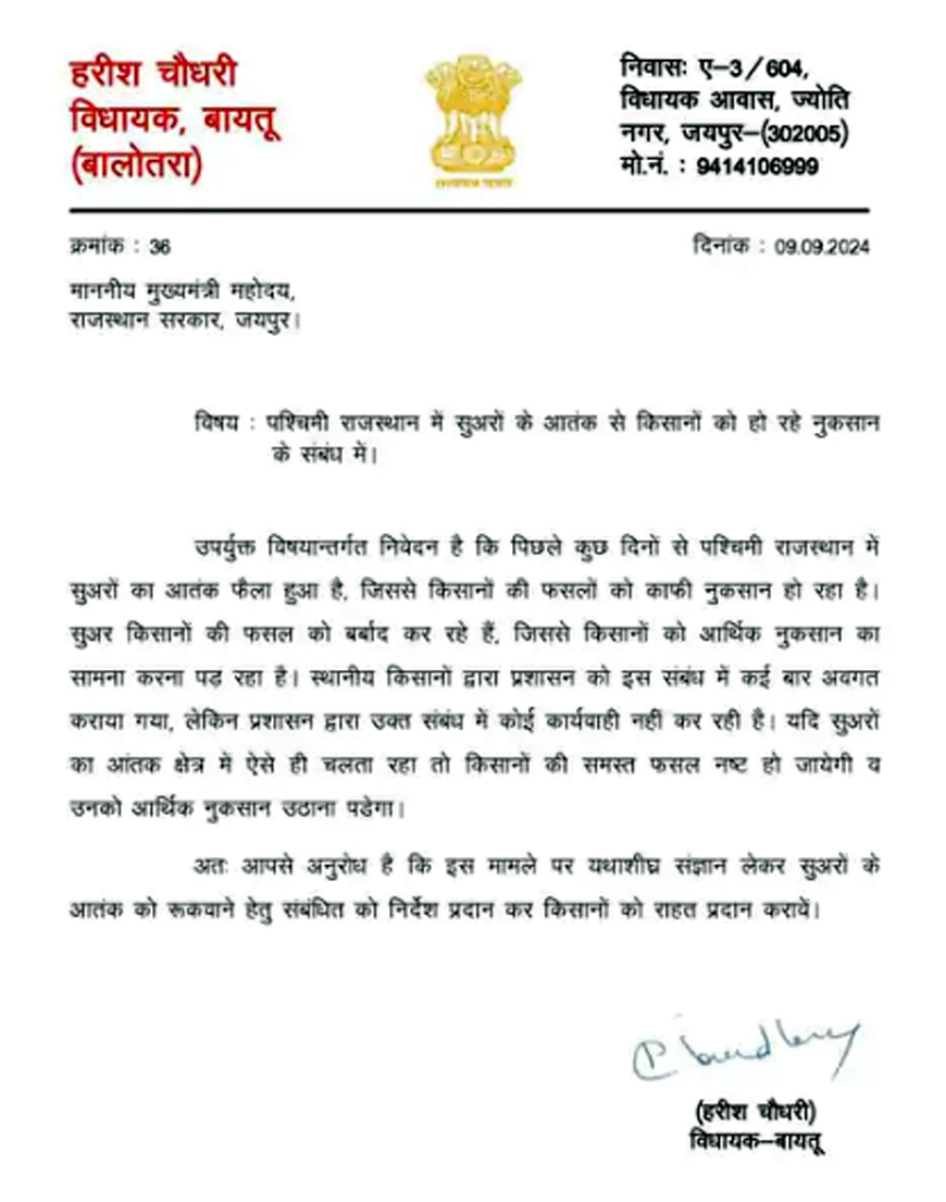लगातार बढ़ता जा रहा है सुअरों का आतंक, किसान डर रहे : एमएलए हरीश चाैधरी ने सीएम काे लिखा पत्र लगातार बढ़ता जा रहा है सुअरों का आतंक, किसान डर रहे : एमएलए हरीश चाैधरी ने सीएम काे लिखा पत्र