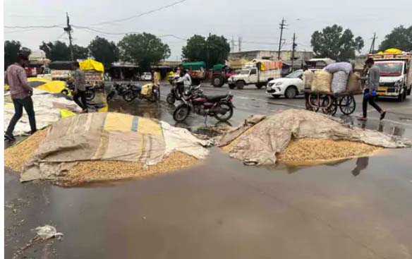 अचानक हुई बारिश से मंडी में किसानों की फसलें हुई गीली अचानक हुई बारिश से मंडी में किसानों की फसलें हुई गीली