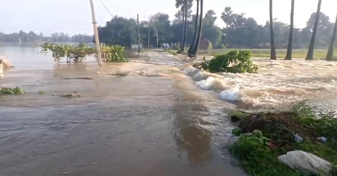 सड़क पर बहता बाढ का पानी सड़क पर बहता बाढ का पानी