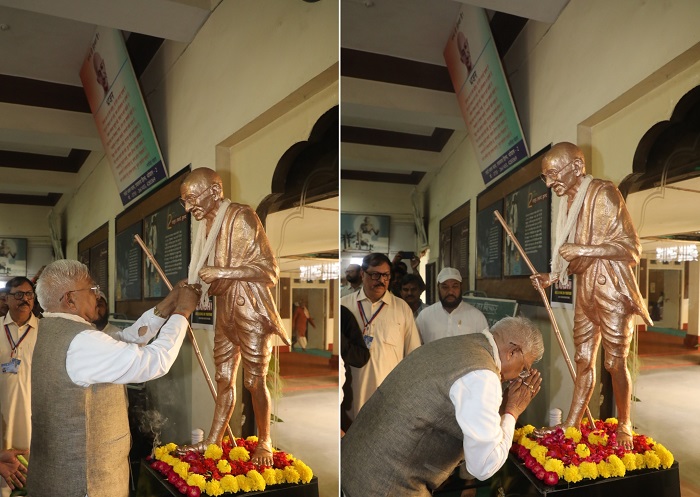 राज्यपाल मंगुभाई पटेल ने गांधी भवन स्थित महात्मा गांधी की प्रतिमा पर सूत की माला अर्पण कर श्रद्धांजलि अर्पित की। राज्यपाल मंगुभाई पटेल ने गांधी भवन स्थित महात्मा गांधी की प्रतिमा पर सूत की माला अर्पण कर श्रद्धांजलि अर्पित की।