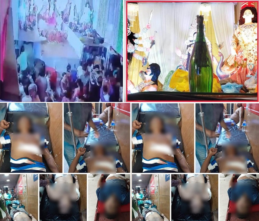 बांग्लादेशः पुराने ढाका के तांतीबाजार पूजा मंडप पर पेट्रोल बम से हमला एवं चाकूबाजी में घायल लोग