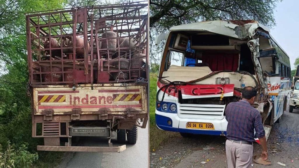 यात्री बस गैस ने मारी सिलेंडर लेकर जा रहे ट्रक में टक्कर यात्री बस गैस ने मारी सिलेंडर लेकर जा रहे ट्रक में टक्कर