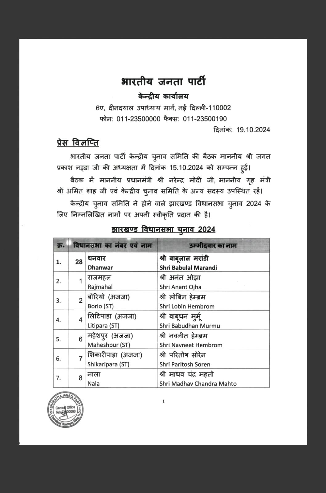 झारखंड में भाजपा की सूची-1 झारखंड में भाजपा की सूची-1