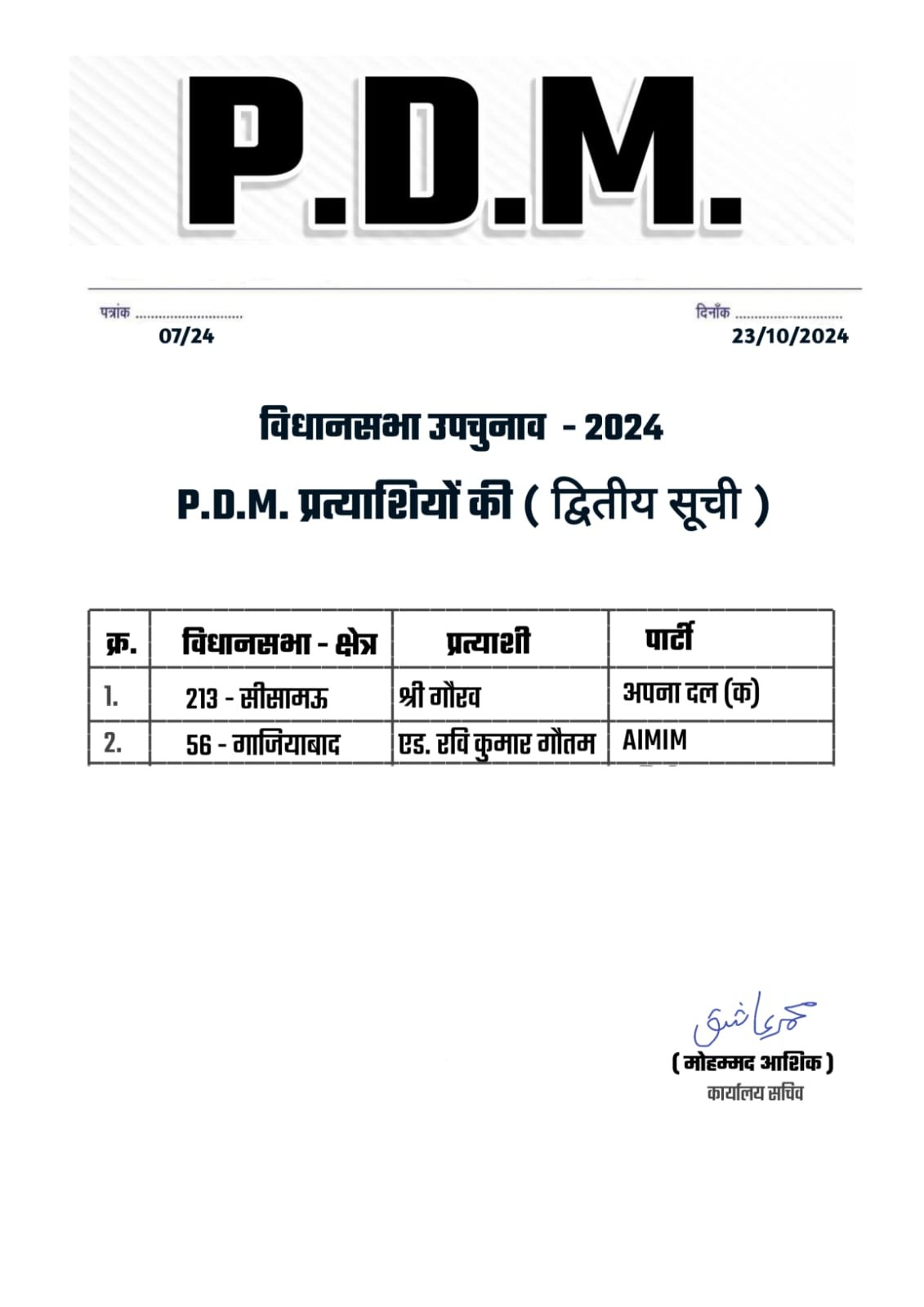 पीडीएम द्वारा जारी उम्मीदवारों की लिस्ट