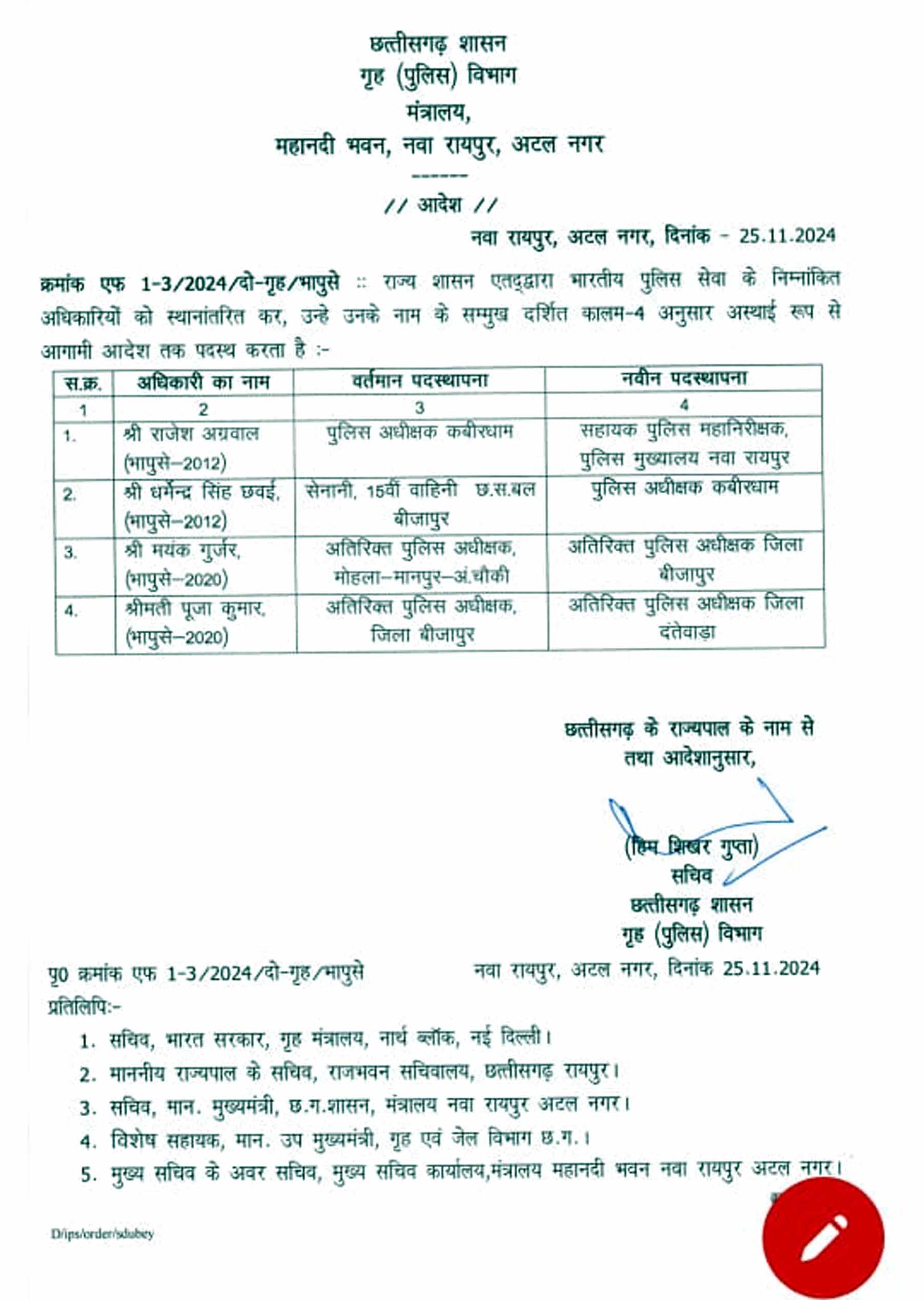 भारतीय पुलिस सेवा के 4 अधिकारियाें का स्थानांतरण आदेश की काॅपी भारतीय पुलिस सेवा के 4 अधिकारियाें का स्थानांतरण आदेश की काॅपी