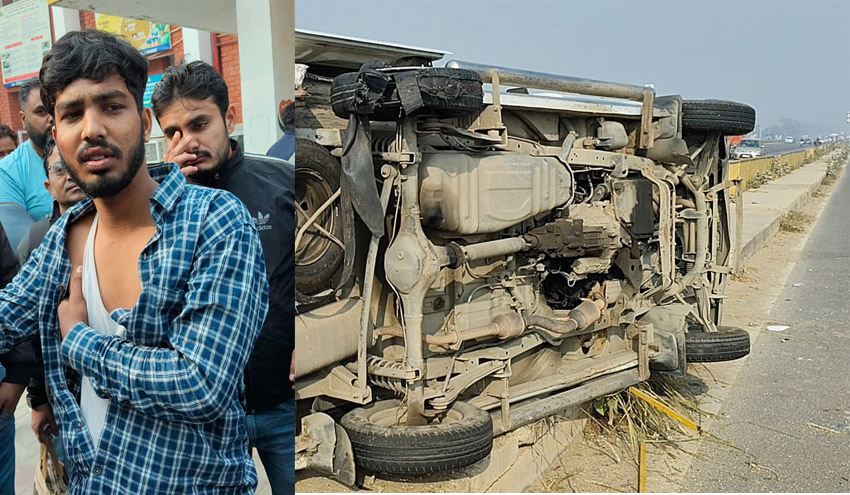 29 Snp-5 सोनीपत: डिवाइडर से टकरा कर पलटी ईको वैन। इनसेट में हादसे में घायल अस्पताल में जानकारी देते हुए घायल सवारी। 29 Snp-5 सोनीपत: डिवाइडर से टकरा कर पलटी ईको वैन। इनसेट में हादसे में घायल अस्पताल में जानकारी देते हुए घायल सवारी।