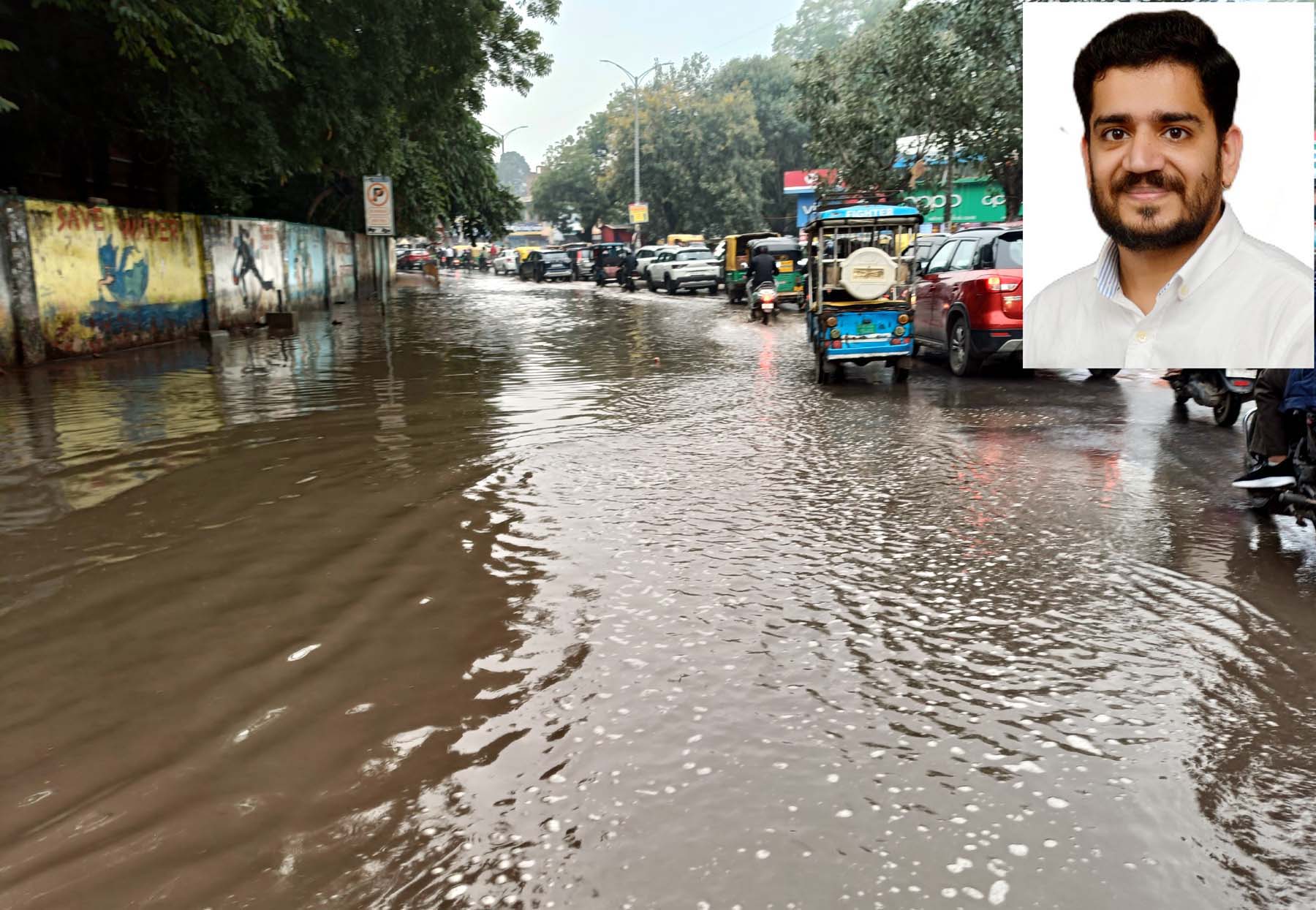 फोटो नंबर-02: गुरुग्राम में अग्रसेन चौक पर सरकारी स्कूल व सरकारी अस्पताल के बीच सडक़ पर भरा गहरा बरसाती पानी, इनसेट में भारत मदान। फोटो नंबर-02: गुरुग्राम में अग्रसेन चौक पर सरकारी स्कूल व सरकारी अस्पताल के बीच सडक़ पर भरा गहरा बरसाती पानी, इनसेट में भारत मदान।
