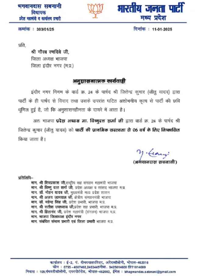 भाजपा ने पार्षद जीतू यादव के निष्कासन का आदेश भाजपा ने पार्षद जीतू यादव के निष्कासन का आदेश
