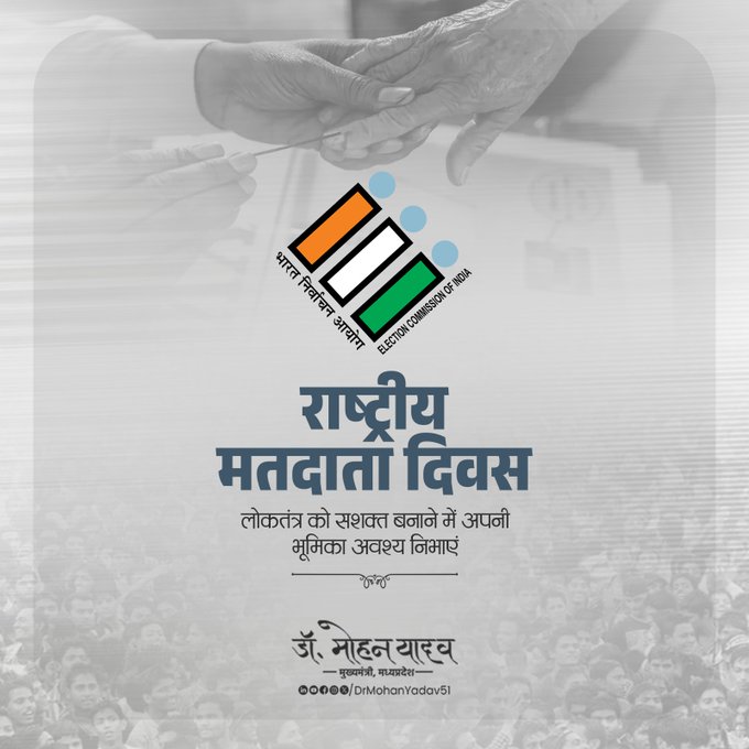 मुख्यमंत्री डाॅ माेहन यादव ने राष्ट्रीय मतदाता दिवस पर शुभकामनाएं दी मुख्यमंत्री डाॅ माेहन यादव ने राष्ट्रीय मतदाता दिवस पर शुभकामनाएं दी
