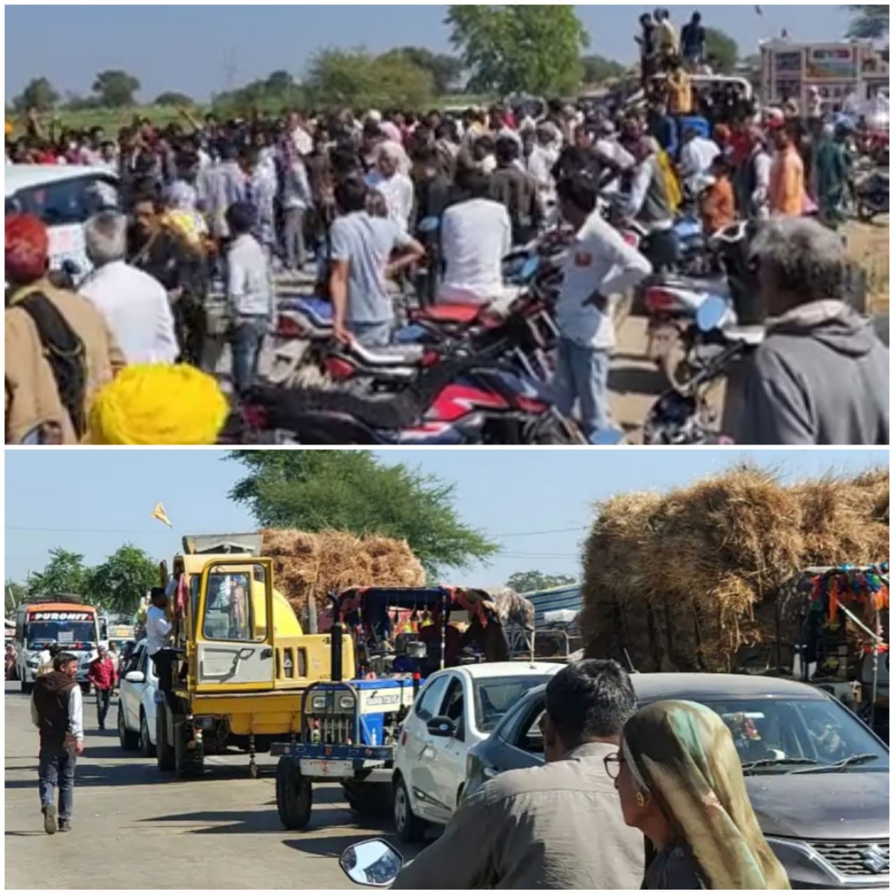 रोड़ पर बैठे किसान, वाहनों की लगी कतारें रोड़ पर बैठे किसान, वाहनों की लगी कतारें