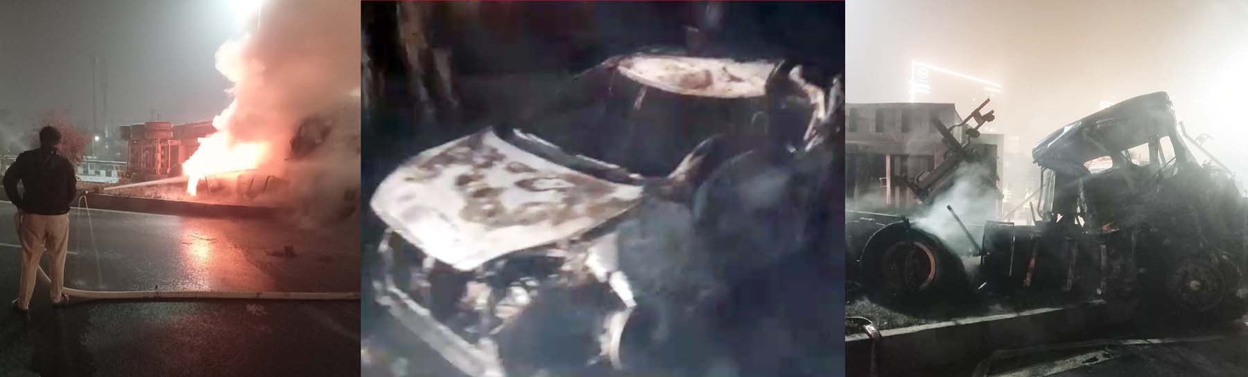 फोटो नंबर-01: गुरुग्राम में आगजनी के हादसों में आग बुझाते दमकलकर्मी, जली कार व ट्रक। फोटो नंबर-01: गुरुग्राम में आगजनी के हादसों में आग बुझाते दमकलकर्मी, जली कार व ट्रक।