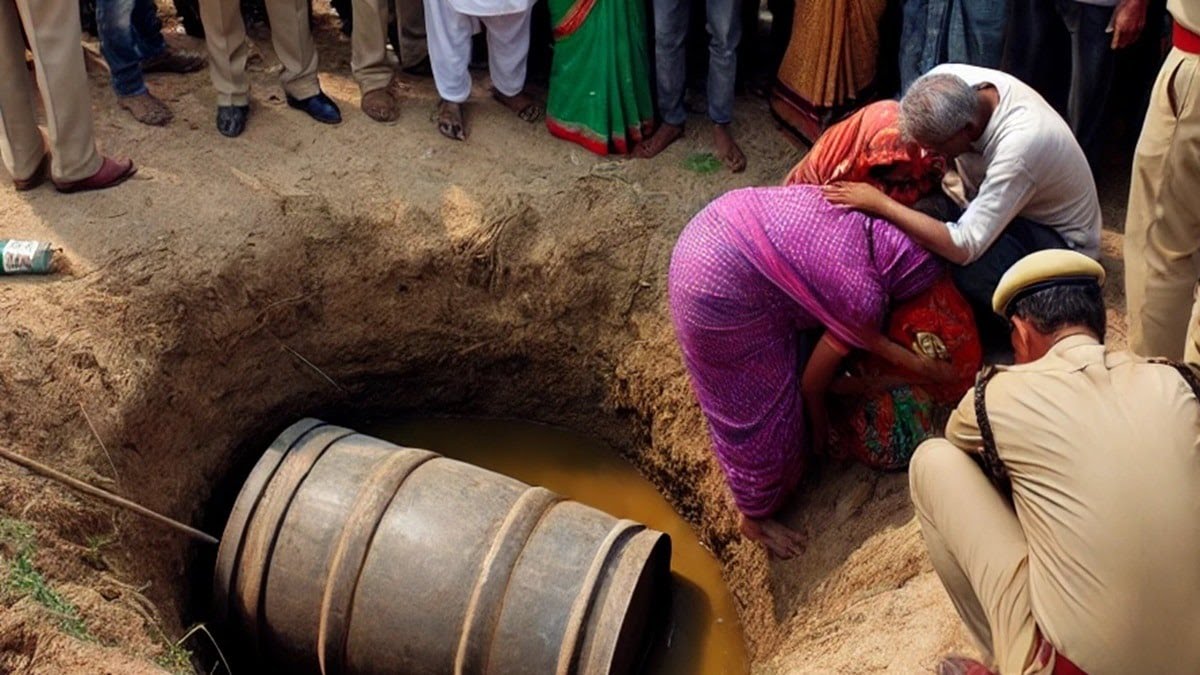 ड्रम से बच्चे का शव निकालते लोग