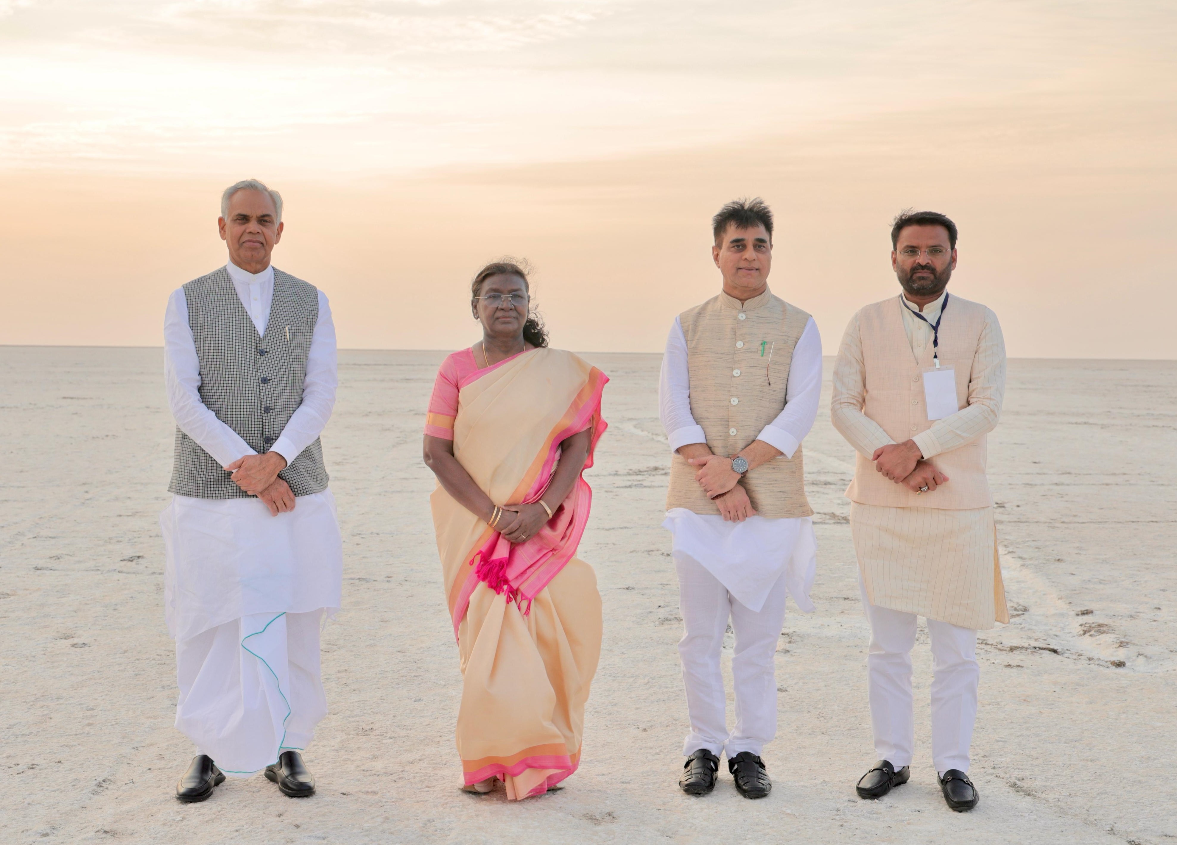 President Draupadi Murmu watching the beautiful sunset in the White Desert of Kutch President Draupadi Murmu watching the beautiful sunset in the White Desert of Kutch