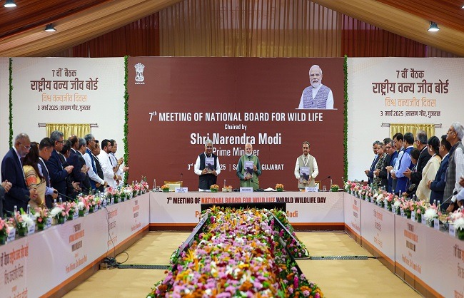 नेशनल बोर्ड फॉर वाइल्ड लाइफ की मीटिंग की अध्यक्षक्षा करते प्रधानमंत्री नरेन्द्र माेदी।