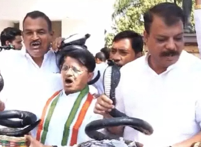 कांग्रेस विधायक प्लास्टिक के सांप लेकर विधानसभा पहुंचे कांग्रेस विधायक प्लास्टिक के सांप लेकर विधानसभा पहुंचे