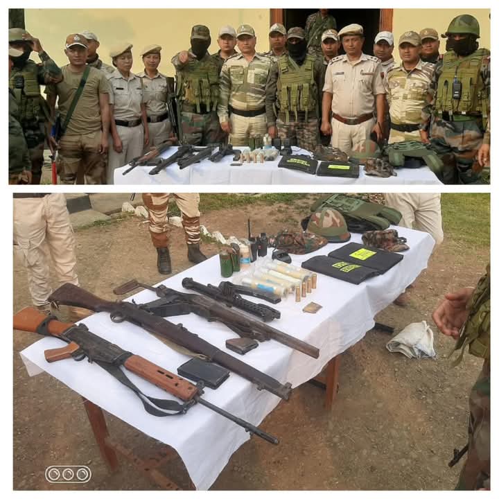 मणिपुर में बरामद हथियार और विस्फोटकों की तस्वीर। मणिपुर में बरामद हथियार और विस्फोटकों की तस्वीर।