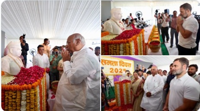 बाबू जगजीवन राम की 118वीं जयंती पर समता स्थल पर उनकी प्रतिमा पुष्पांजलि अर्पित करते मल्लिकार्जुन खरगे और राहुल गाधी