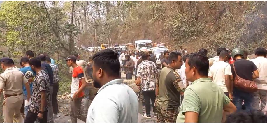 कार पर गिरे पेड़ के कारण सड़क बंद कार पर गिरे पेड़ के कारण सड़क बंद