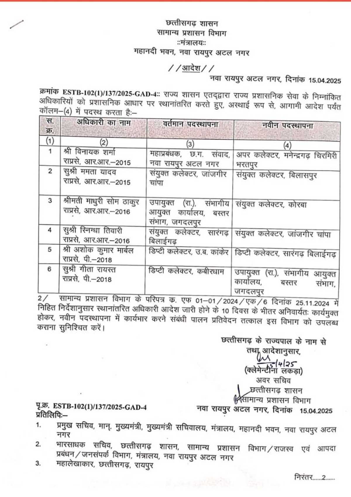 स्थानांतरण आदेश की सूची स्थानांतरण आदेश की सूची