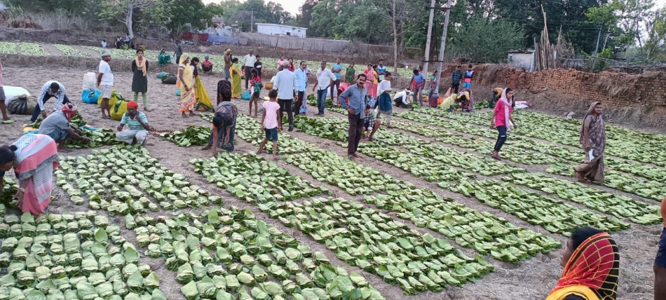 वनांचल क्षेत्र के संग्रहण केंद्र में तेंदूपत्ता बेचते संग्राहक वनांचल क्षेत्र के संग्रहण केंद्र में तेंदूपत्ता बेचते संग्राहक