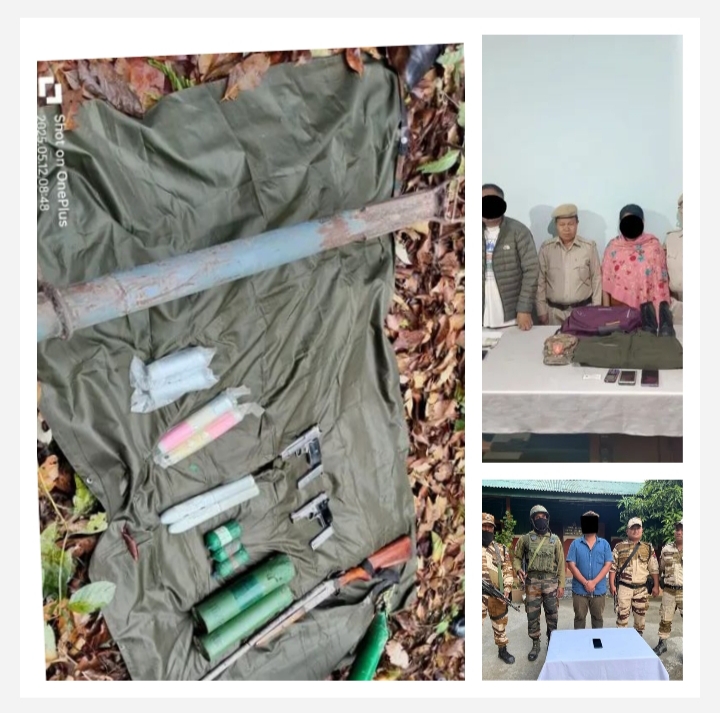 मणिपुर में बरामद हथियार और विस्फोटकों तथा गिरफ्तार उग्रवादियों की तस्वीर। मणिपुर में बरामद हथियार और विस्फोटकों तथा गिरफ्तार उग्रवादियों की तस्वीर।