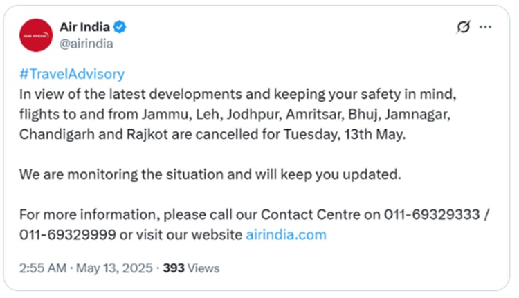एयर इंडिया ने यात्रा संबंधी एडवाइजरी एक्स पर जारी की। एयर इंडिया ने यात्रा संबंधी एडवाइजरी एक्स पर जारी की।