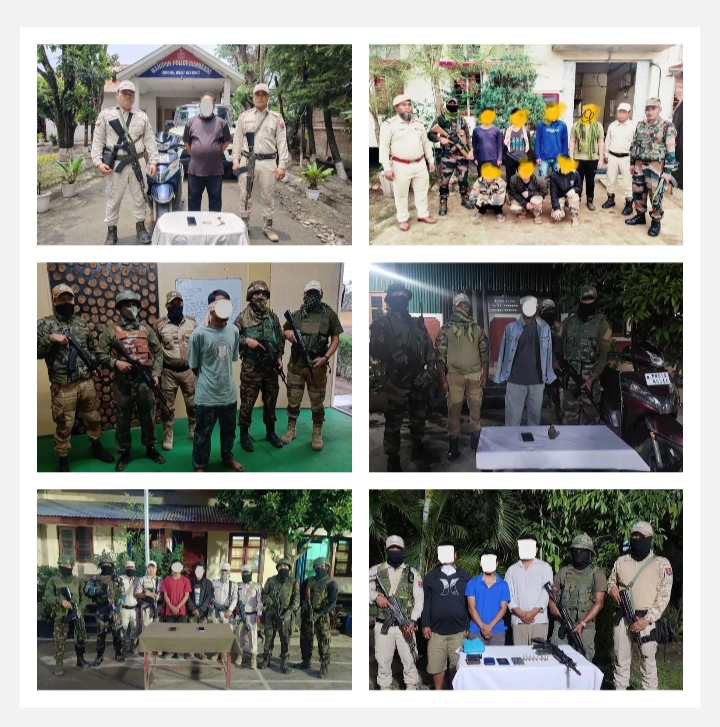 मणिपुर में उग्रवादियों के खिलाफ बड़ी कार्रवाई में विभिन्न संगठनों के गिरफ्तार 16 कैडरों और तीन अवैध हथियार तस्करों की तस्वीर। मणिपुर में उग्रवादियों के खिलाफ बड़ी कार्रवाई में विभिन्न संगठनों के गिरफ्तार 16 कैडरों और तीन अवैध हथियार तस्करों की तस्वीर।