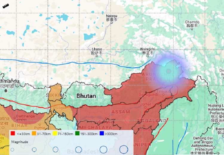 अरुणाचल में आए भूकंप मैप। अरुणाचल में आए भूकंप मैप।