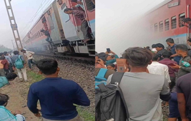 काशी एक्सप्रेस की बोगी के पहियों से धुआ निकलने की घटना की तस्वीर काशी एक्सप्रेस की बोगी के पहियों से धुआ निकलने की घटना की तस्वीर