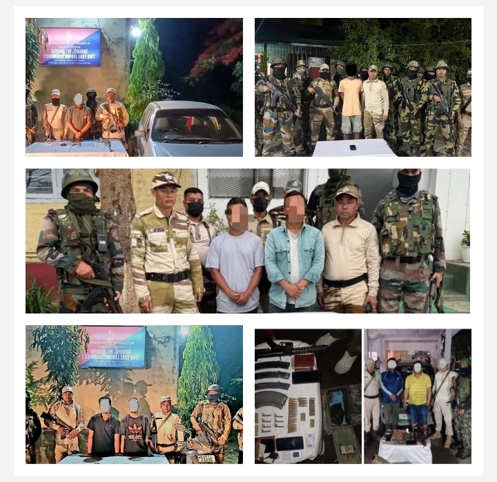 मणिपुर में अलग-अलग अभियानों में गिरफ्तार उग्रवादियों और भारी मात्रा में जब्त अत्याधुनिक अवैध हथियारों  की तस्वीर।जब्त