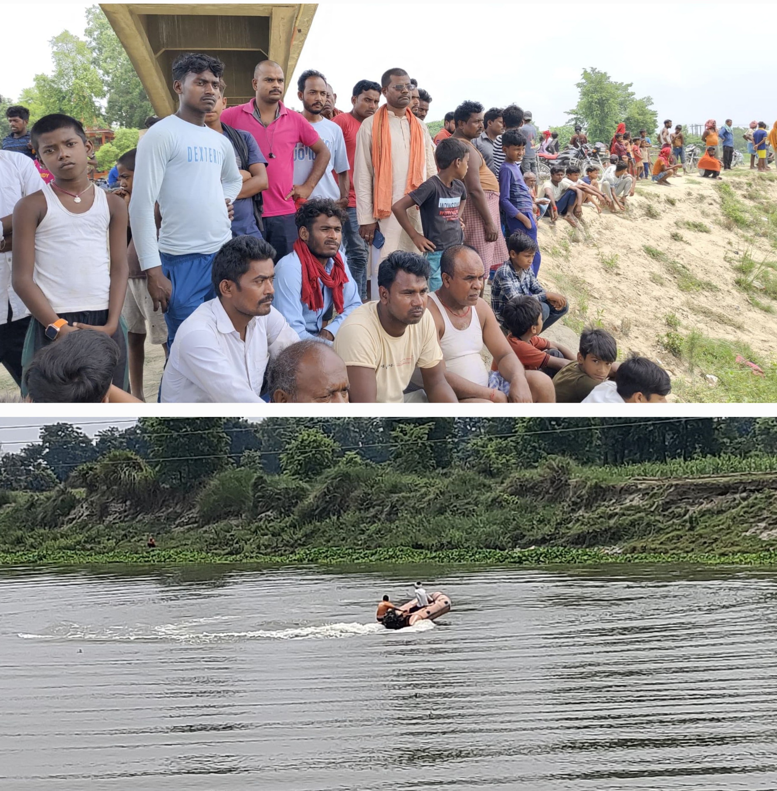 नदी किनारे जुटी भीड़ व शव की तलाश करते एसडीआरएफ की टीम नदी किनारे जुटी भीड़ व शव की तलाश करते एसडीआरएफ की टीम