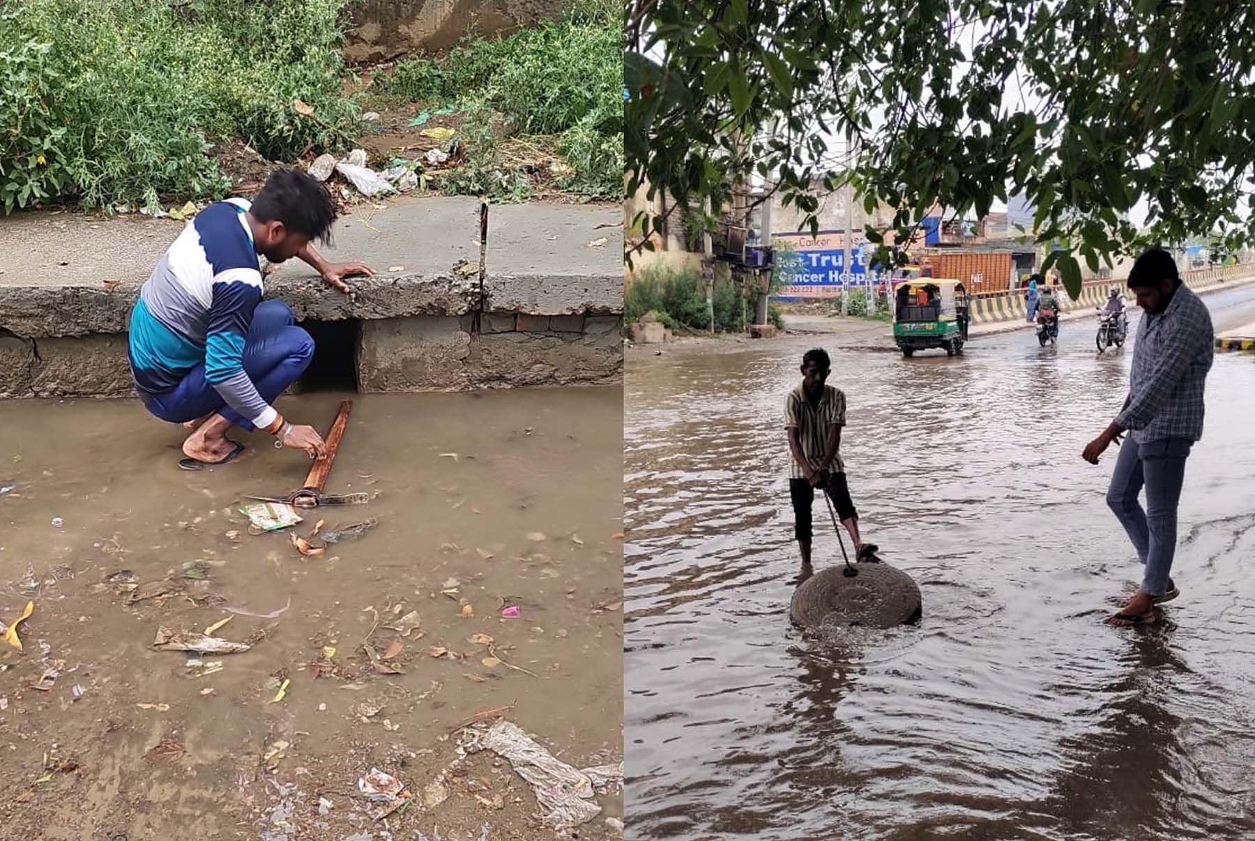 गुरुग्राम में बरसात के बाद जलनिकासी के प्रबंध करते निगम कर्मचारी।