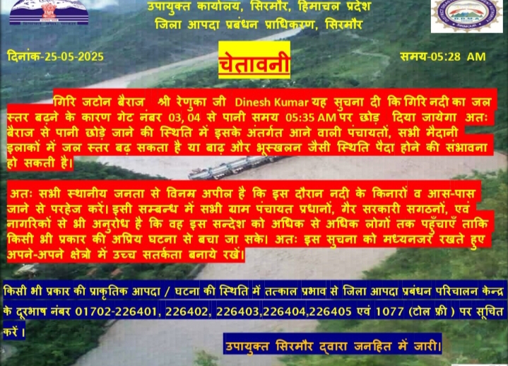 सिरमौर में भारी बारिश ,गिरी नदी का बढ़ा जलस्तर