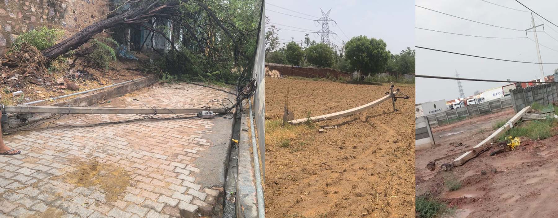 गुरुग्राम जिला के सोहना खंड आंधी बरसात के बीच टूटे पड़े बिजली के खंभे।