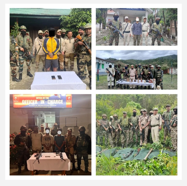 मणिपुर में गिरफ्तार उग्रवादियों तथा जब्त किए गए हथियारों की तस्वीर। मणिपुर में गिरफ्तार उग्रवादियों तथा जब्त किए गए हथियारों की तस्वीर।