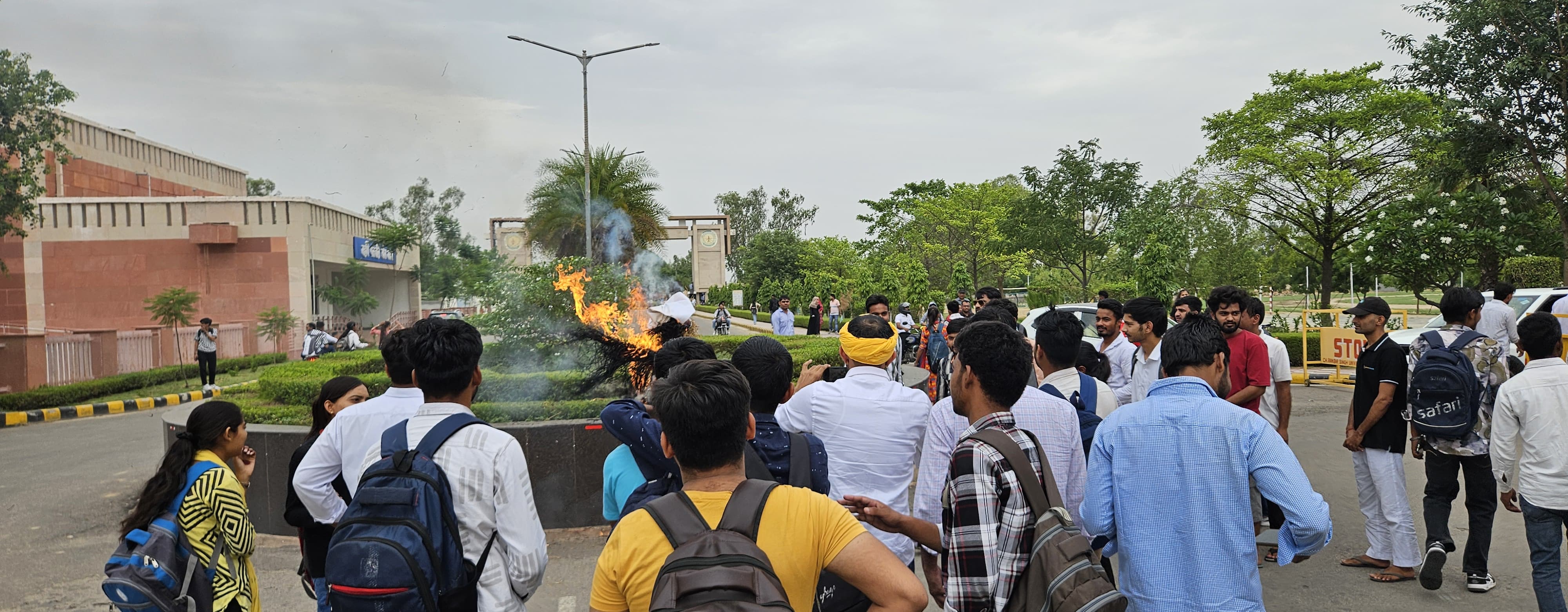 विश्वविद्यालय परिसर में पुतला फूंकते हुए छात्र। विश्वविद्यालय परिसर में पुतला फूंकते हुए छात्र।