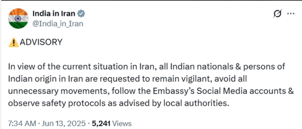 भारतीय दूतावास ने आज अपने आधिकारिक एक्स हैंडल पर ईरान में रहने वाले भारतीय नागरिकों के लिए सलाह जारी की है। भारतीय दूतावास ने आज अपने आधिकारिक एक्स हैंडल पर ईरान में रहने वाले भारतीय नागरिकों के लिए सलाह जारी की है।