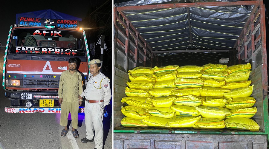 गुवाहाटी के जोराबाट पुलिस चौकी के नाका चोकिंग प्वाइंट पर अवैध रूप से यूरिया ले जा रहा जब्त ट्रक एवं गिरफ्तार ड्राइवर