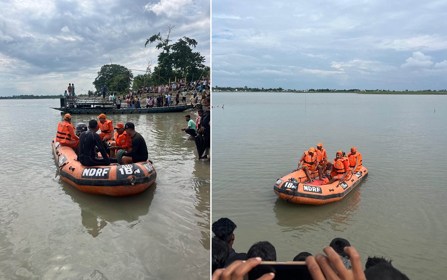 असमः नलबाड़ी जिले में ब्रह्मपुत्र नद में नाव दुर्घटना के बाद डूबे लोगों की तलाश करती एनडीआरएफ की टीम असमः नलबाड़ी जिले में ब्रह्मपुत्र नद में नाव दुर्घटना के बाद डूबे लोगों की तलाश करती एनडीआरएफ की टीम