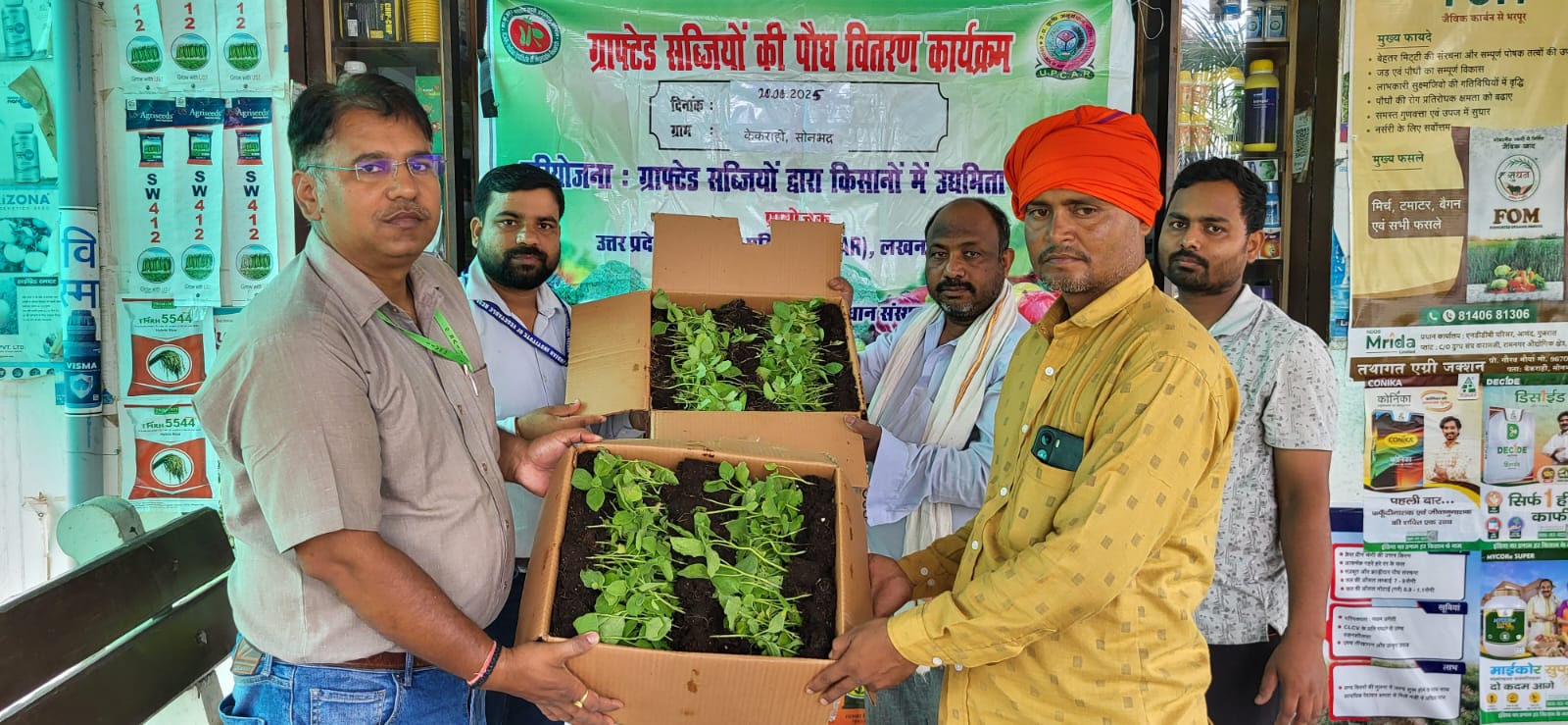 किसानों को ग्राफटेड बैंगन के पौधे देते वैेज्ञानिक किसानों को ग्राफटेड बैंगन के पौधे देते वैेज्ञानिक