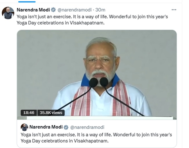 प्रधानमंत्री नरेन्द्र मोदी ने आज सुबह विशाखापत्तनम में अंतरराष्ट्रीय योग दिवस पर आयोजित राष्ट्रीय समारोह का नेतृत्व किया। फोटो- प्रधानमंत्री के एक्स हैंडल से साभार