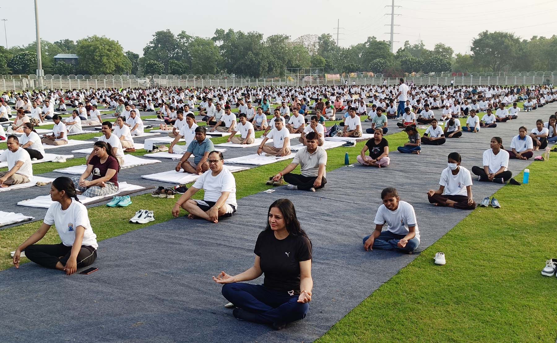 गुरुग्राम के चौधरी सुरेंद्र सिंह क्रिकेट पैवेलियन में अंतरराष्ट्रीय योग दिवस पर योगासन करते लोग। गुरुग्राम के चौधरी सुरेंद्र सिंह क्रिकेट पैवेलियन में अंतरराष्ट्रीय योग दिवस पर योगासन करते लोग।
