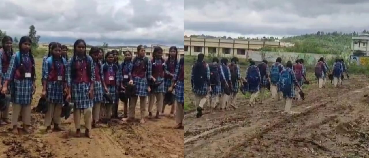 सीएम राइज स्कूल के बच्चे हाथ में जूते लेकर नंगे पैर जाते