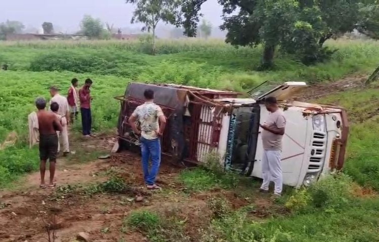 पशुओं को ले जा रही पिकअप पलटी