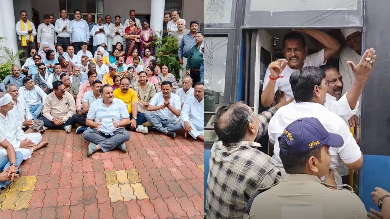 एसपी ऑफिस में जीतू पटवारी के खिलाफ FIR के विरोध में कांग्रेसियों का प्रदर्शन एसपी ऑफिस में जीतू पटवारी के खिलाफ FIR के विरोध में कांग्रेसियों का प्रदर्शन