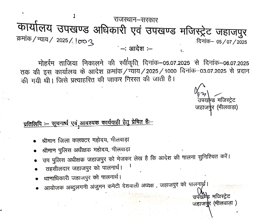 अपडेट-जहाजपुर में युवक की हत्या के विरोध में तनाव चरम पर, ताजिया जुलूस पर प्रशासन ने लगाई रोक अपडेट-जहाजपुर में युवक की हत्या के विरोध में तनाव चरम पर, ताजिया जुलूस पर प्रशासन ने लगाई रोक