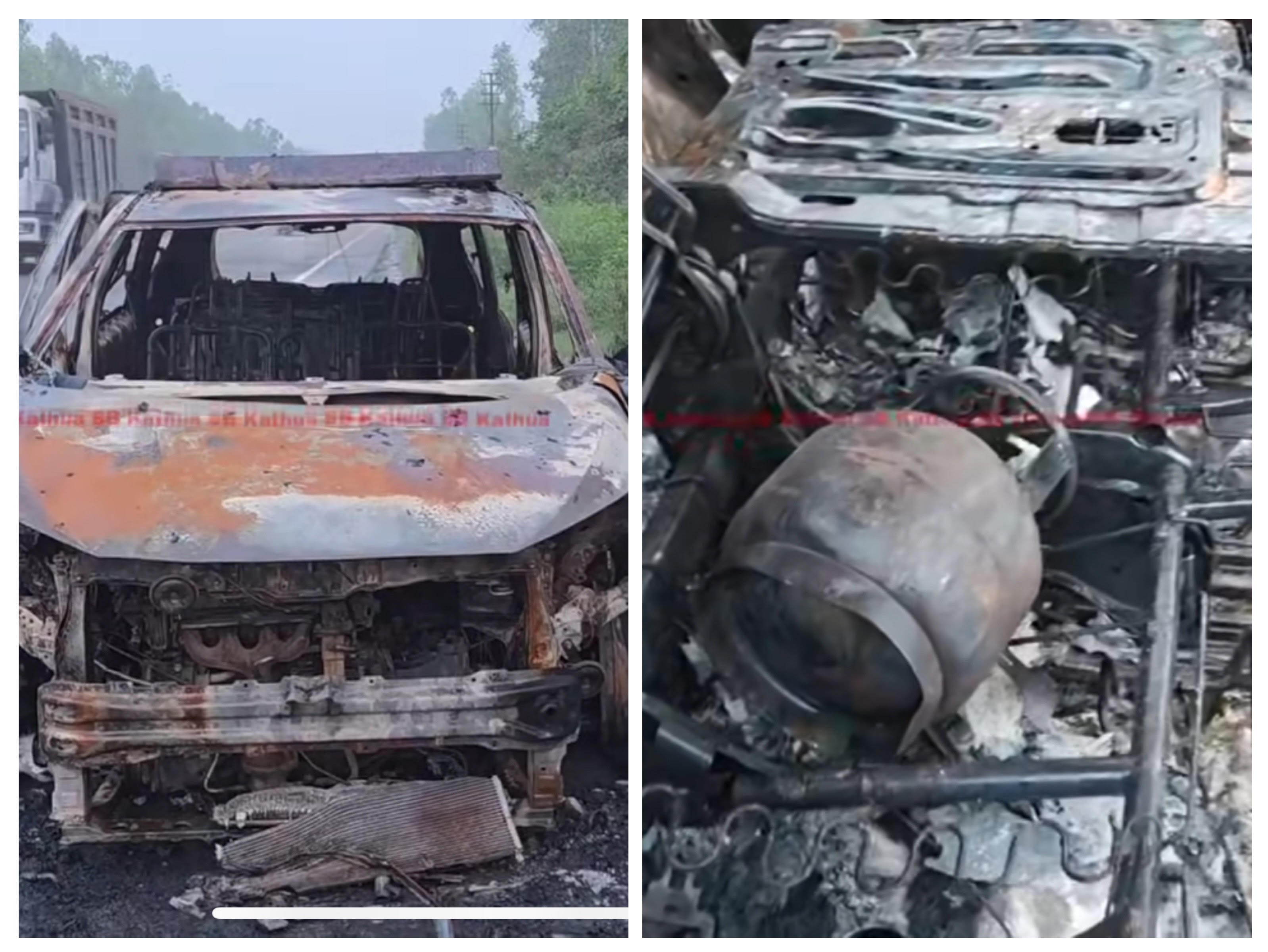 A car returning to Delhi after visiting Kashmir caught fire under suspicious circumstances, the car passengers had a narrow escape A car returning to Delhi after visiting Kashmir caught fire under suspicious circumstances, the car passengers had a narrow escape