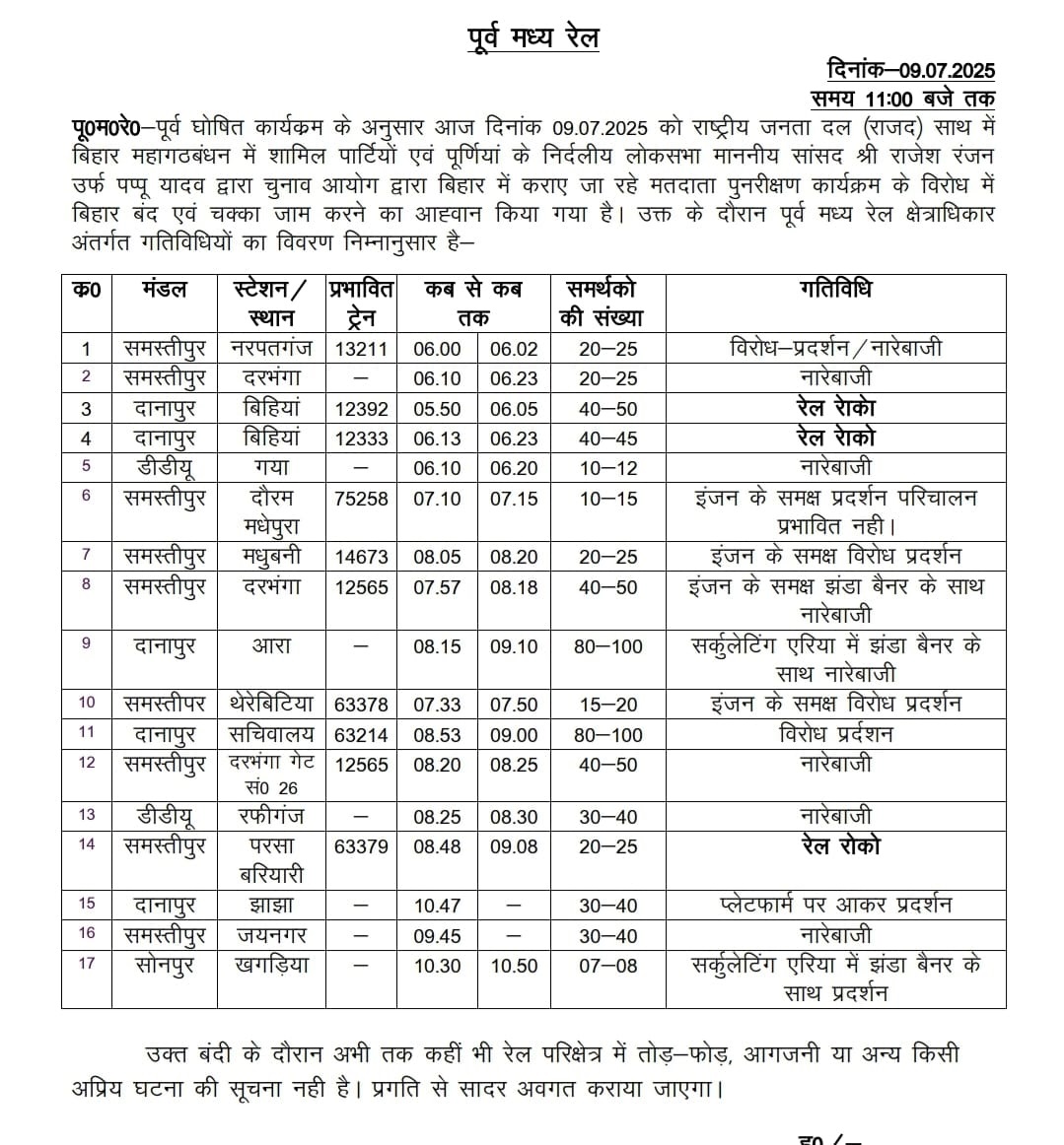 पूमरेलवे द्वारा जारी सूचना की फोटो पूमरेलवे द्वारा जारी सूचना की फोटो