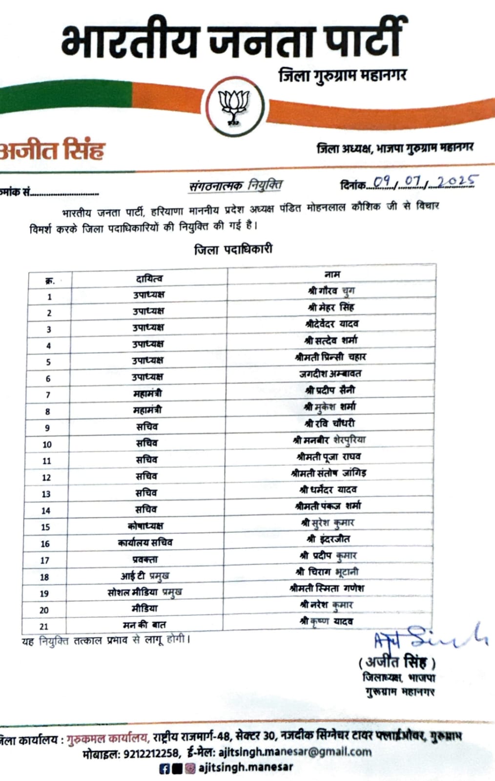 फोटो : गुरुग्राम महानगर भाजपा जिला पदाधिकारियों की सूची फोटो : गुरुग्राम महानगर भाजपा जिला पदाधिकारियों की सूची
